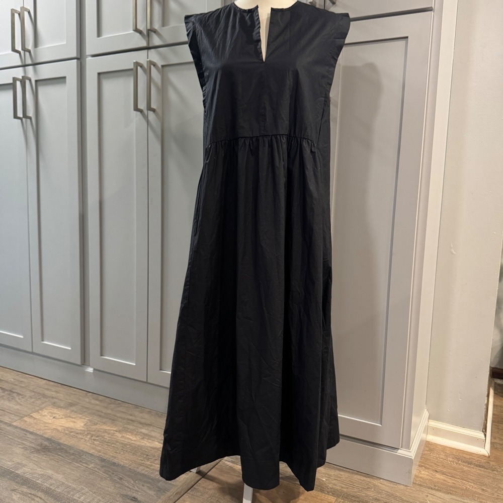 Calme by Johnny Was Black Cotton Long Bib Dress V Neck Sleeveless Casual Chic XS